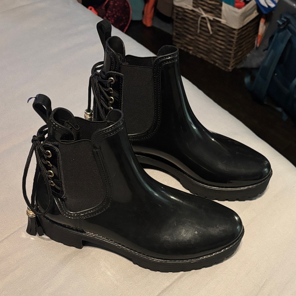 Black Ankle Rain Boots with Tassel Detail